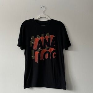 Vintage Analog Black Graphic T-Shirt with Red and Olive Design